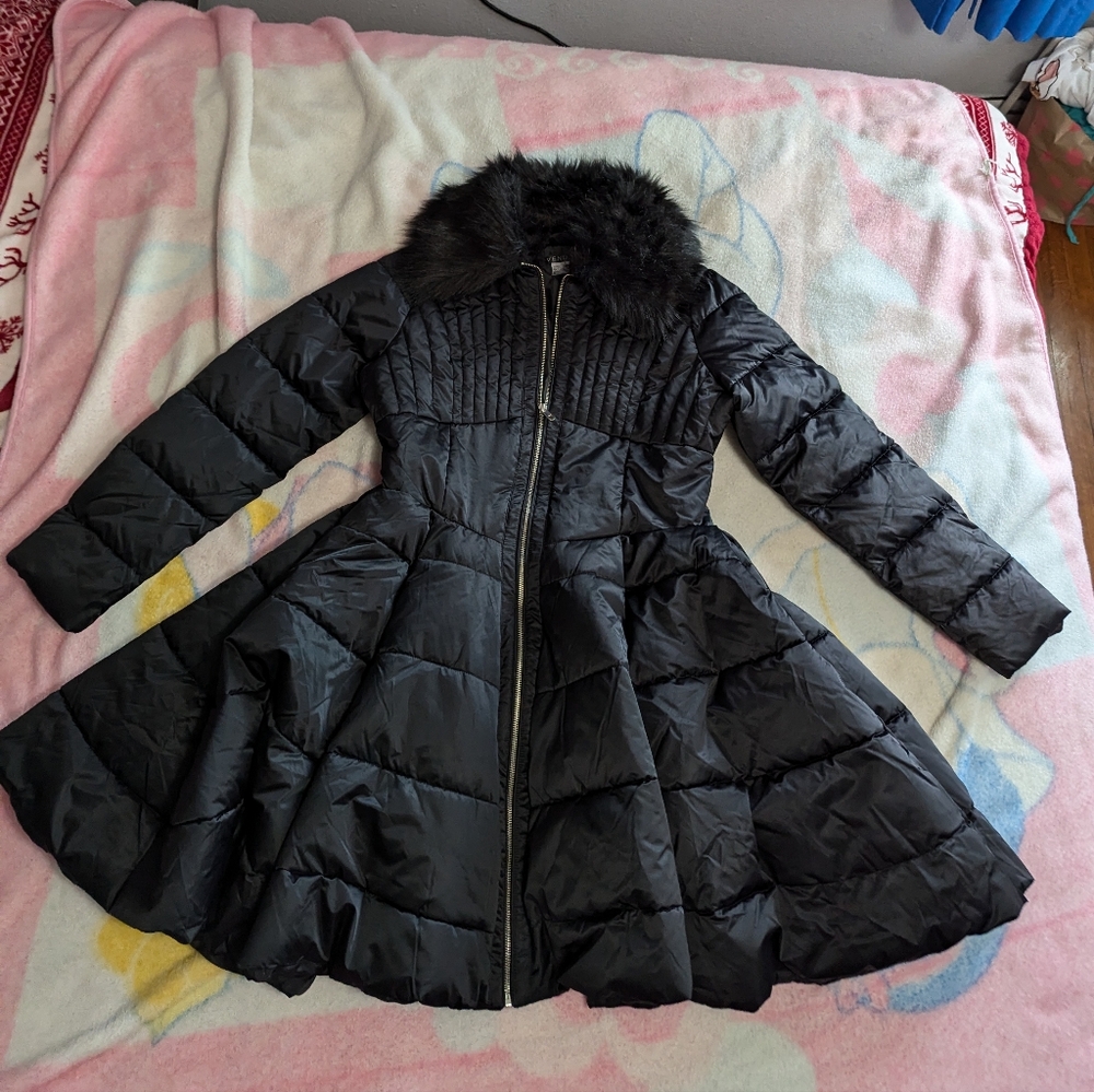 Venus Peplum Puffer Coat with Faux Fur Trim